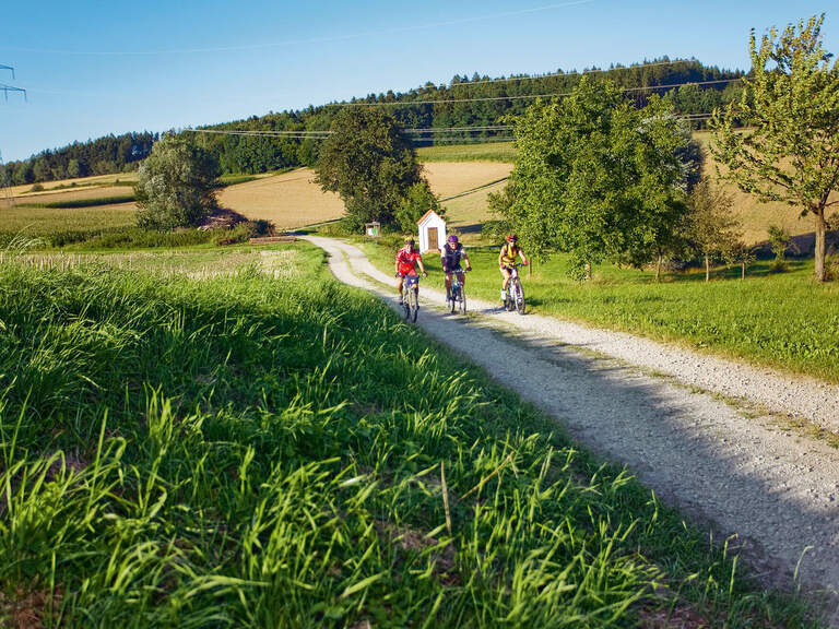 Radfahrergruppe genießt eine Tour durch die sonnige Natur des Rottals bei Bad Birnbach